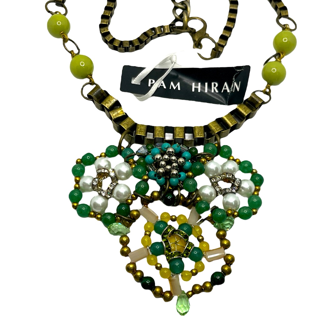 Pam Hiran Anthropologie Green Beaded Faux Pearl Gold Statement Bib Necklace New